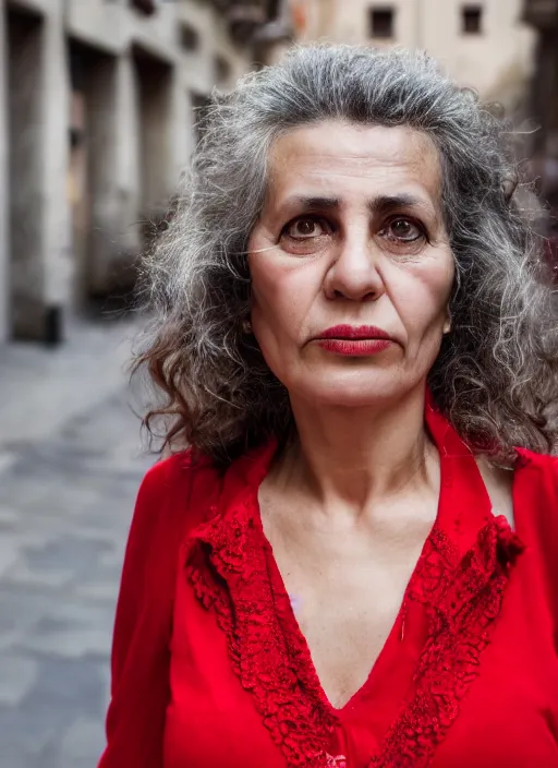 Image similar to close up portrait of beautiful 40-years-old Italian woman, wearing a red outfit, well-groomed model, candid street portrait in the style of Martin Schoeller award winning, Sony a7R