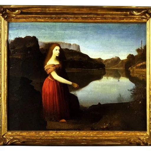 Image similar to portrait of a beautiful woman at a lake, oil painting by Da Vinci