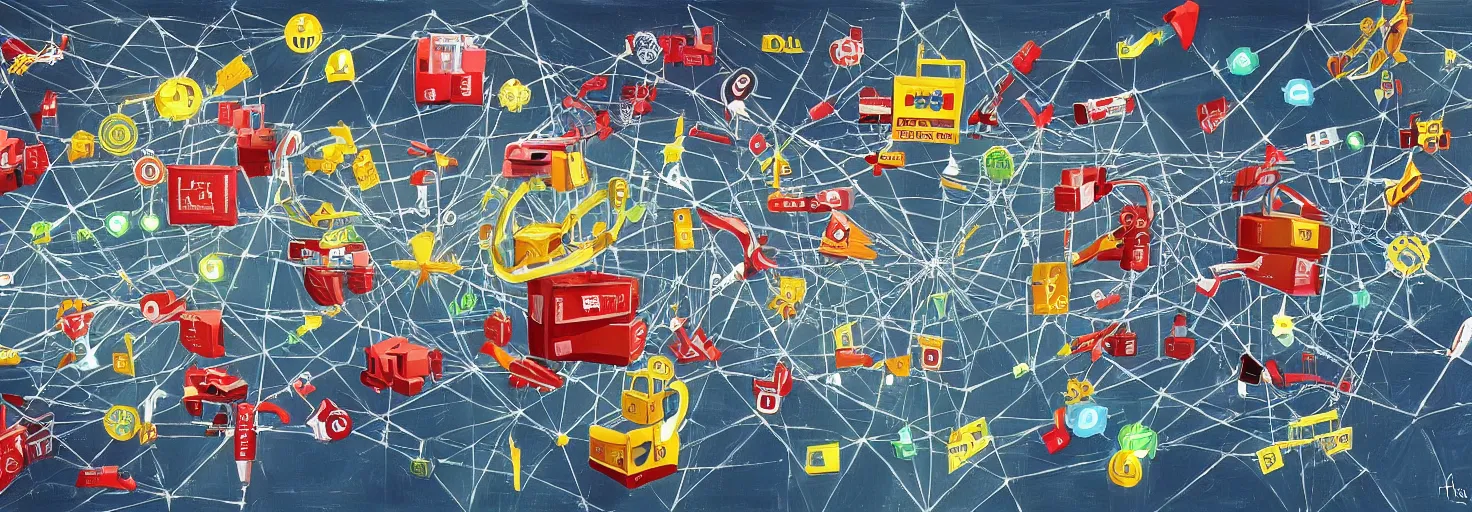 Image similar to a beautiful painting of supply chain attack in world web, hd - h 5 0 0