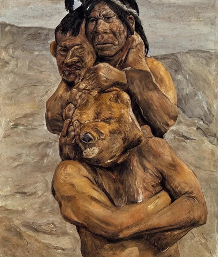 Image similar to indigenous man carrying a bear, painted by lucian freud, hd, super detailed, realistic, muted colors