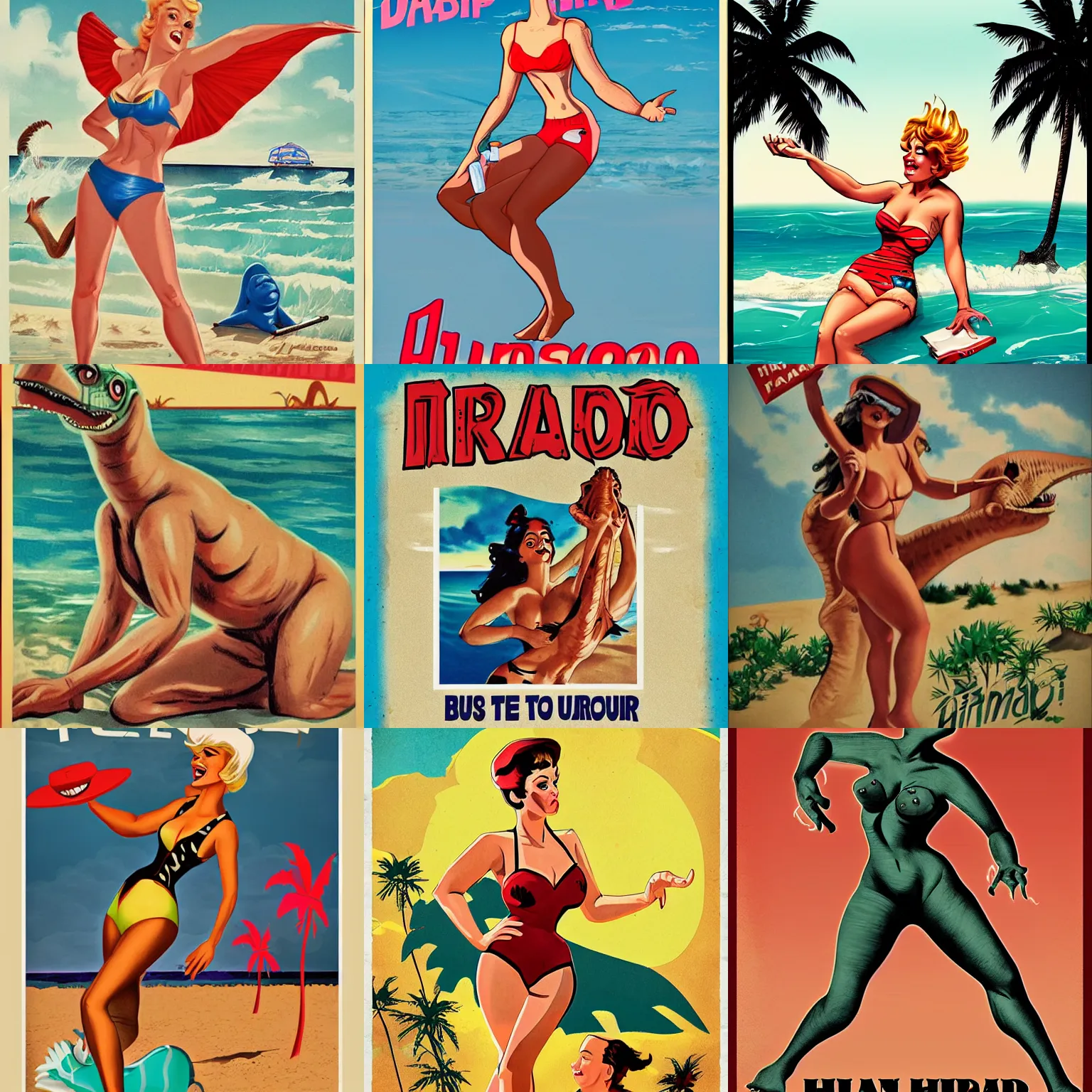 Image similar to Human-dinosaur hybrid at the beach, pin up style poster