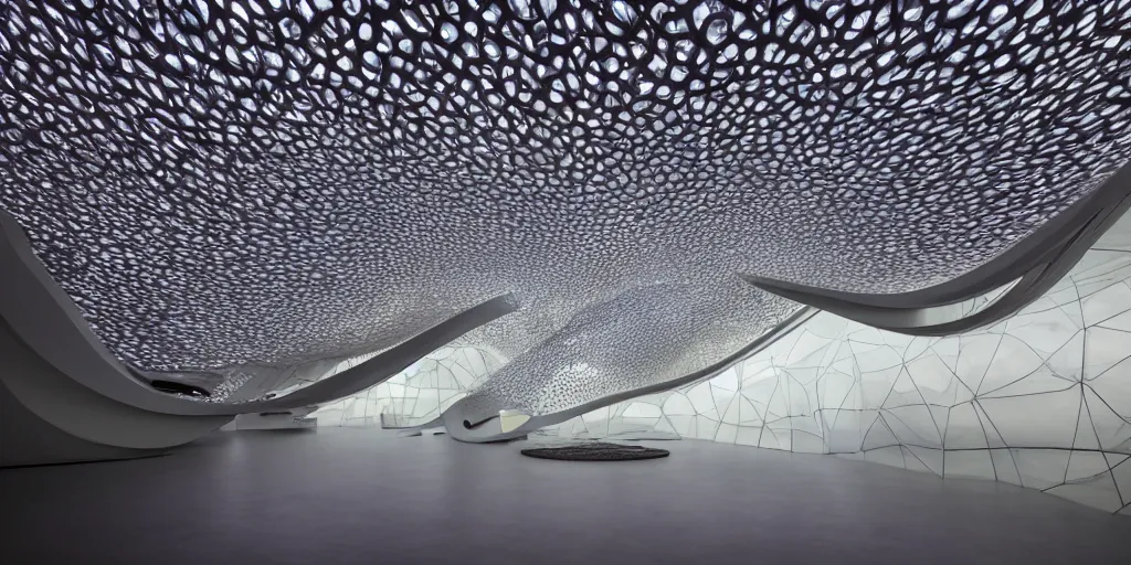 Image similar to extremely detailed awe ornate stunning beautiful futuristic smooth curvilinear elegant museum interior by zaha hadid, translucent gills, stunning volumetric light, stainless steel, concrete, translucent material, beautiful sunset, hyper real, 8k, colorful, 3D cinematic volumetric light, atmospheric light