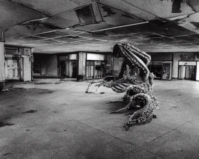 Image similar to camera footage of a extremely aggressive Giant mutated Octopus with glowing white eyes in an abandoned shopping mall, Psychic Mind flayer, Terrifying :7 , high exposure, dark, monochrome, camera, grainy, CCTV, security camera footage, timestamp, zoomed in, Feral, fish-eye lens, Fast, Radiation Mutated, Nightmare Fuel, Wolf, Evil, Bite, Motion Blur, horrifying, lunging at camera :4 bloody dead body, blood on floors, windows and walls :5