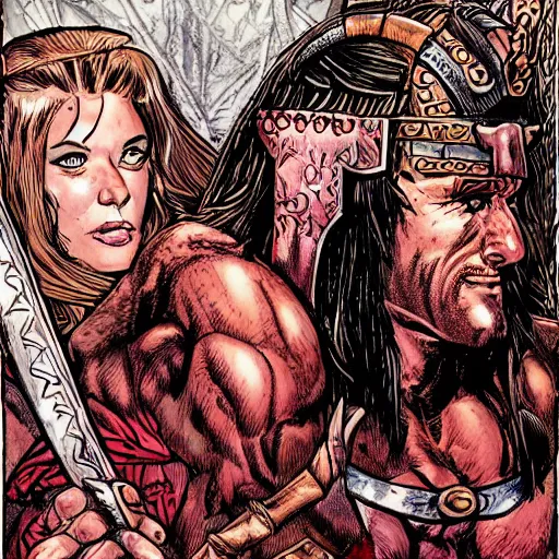 Prompt: a detailed illustration of conan the barbarian marrying red sonja marvel comics art style