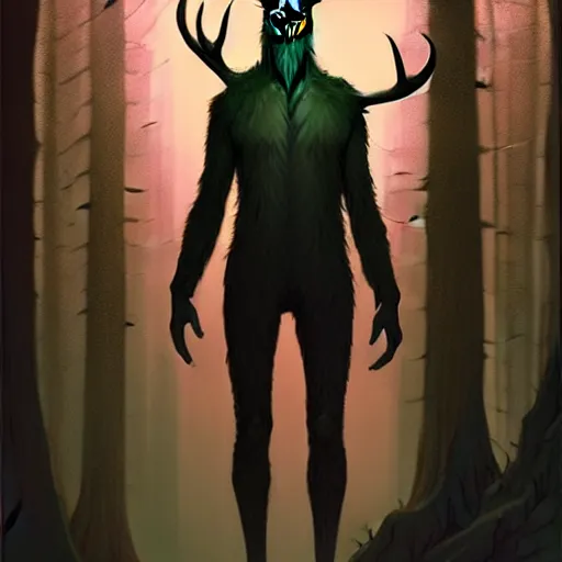 Image similar to rafeal albuquerque comic art, joshua middleton, artgerm : : wendigo monster with deer skull face, antlers, furry body, tall and lanky : : walking through the forest : : night time : : spooky, scary, fog