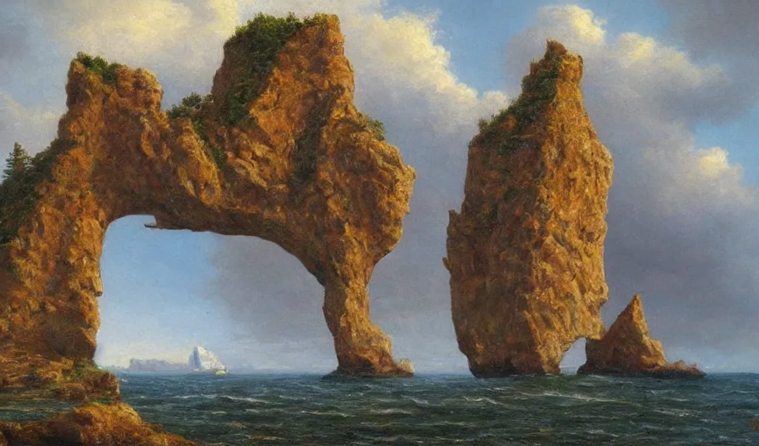 Prompt: romantic! dramatic, painting of the rocher perce!!! with two arches!!!, by carlos de haes!