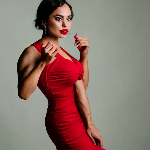 Image similar to “beautiful Latina woman, unusually muscular, red lipstick, red dress, 50mm, bokeh, studio lighting, professional photography,”