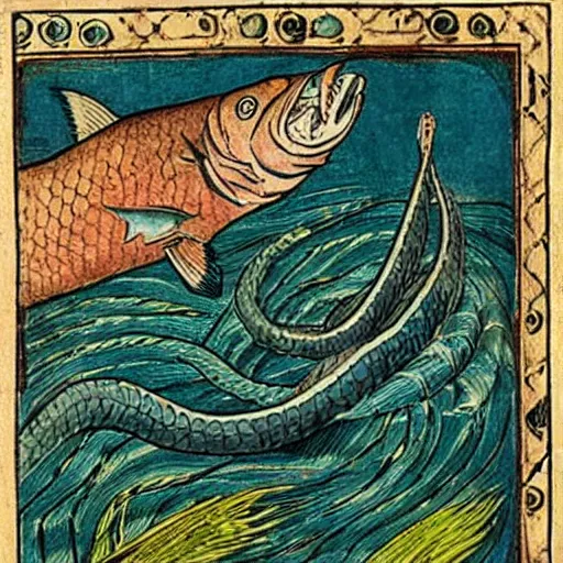 Prompt: Jormungandr fished from the ocean with ox head bait, icelandic manuscript illustration