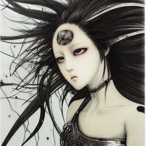 Image similar to Yoshitaka Amano realistic illustration of an anime girl with black eyes, wavy white hair fluttering in the wind and cracks on her face wearing Elden ring armour with engraving, abstract black and white patterns on the background, noisy film grain effect, highly detailed, Renaissance oil painting, weird portrait angle, blurred lost edges, three quarter view