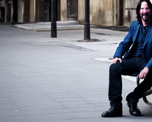 Image similar to 5 5 mm photo of happy keanu reeves in blue jeans and black jacket sitting on a bench in the street. dof. lifelike. ultra detailed. intricate. soft light. nikon d 8 5 0.