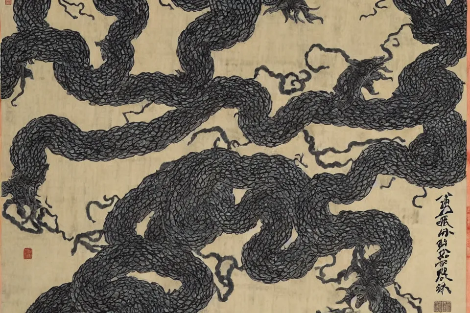 Prompt: mythical monsters are sealed in chains, traditional chinese ink painting, yellowing paper.