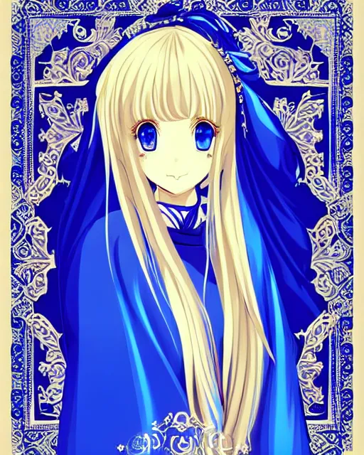Image similar to a blonde woman wearing a blue veil and blue robes with ornate patterns | | very very anime!!!, fine - face, realistic shaded perfect face, fine details. anime. realistic shaded lighting poster
