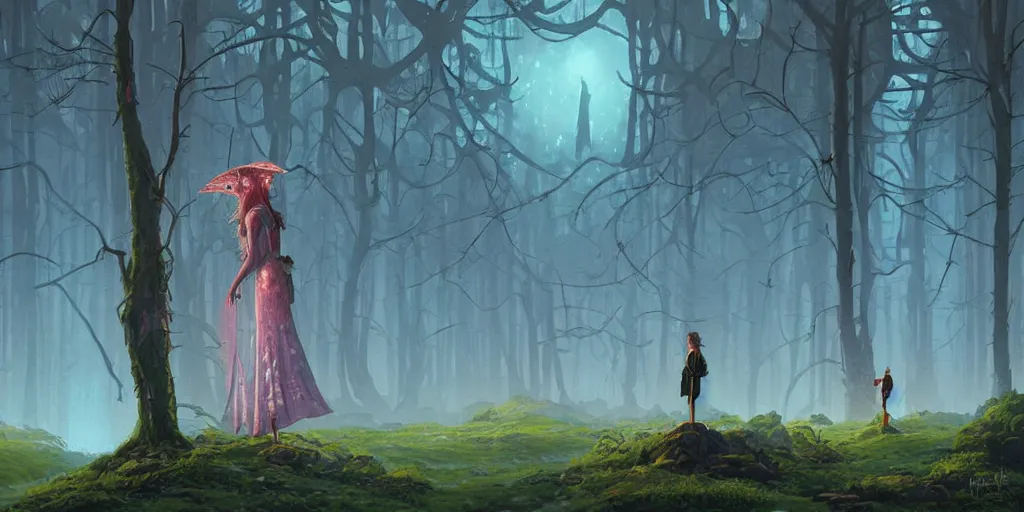 Prompt: A fantasy painting with a woman in a beautiful fantasy environment by michael whelan and simon stålenhag