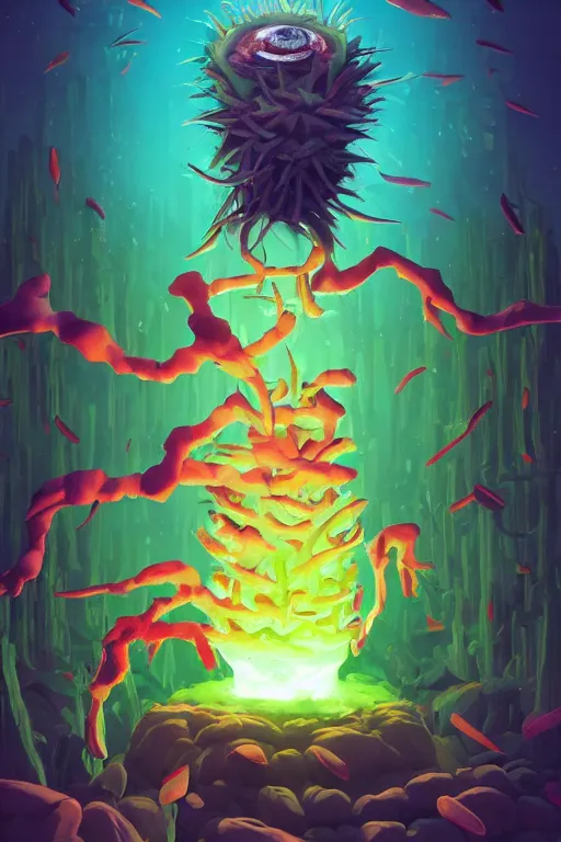 Image similar to roots cactus sushi cristal smurf ghost creature animal sushi cristal very big eye roots cactus elemental flush of force nature micro world fluo fishscale, behance hd by jesper ejsing, by rhads, makoto shinkai and lois van baarle, ilya kuvshinov, rossdraws radiating a glowing aura global illumination ray tracing hdr