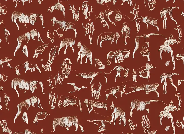 Image similar to painted pattern which figures of ancient hunters mammoths and ancient buses, rock cave painting, red ocher, finger painting