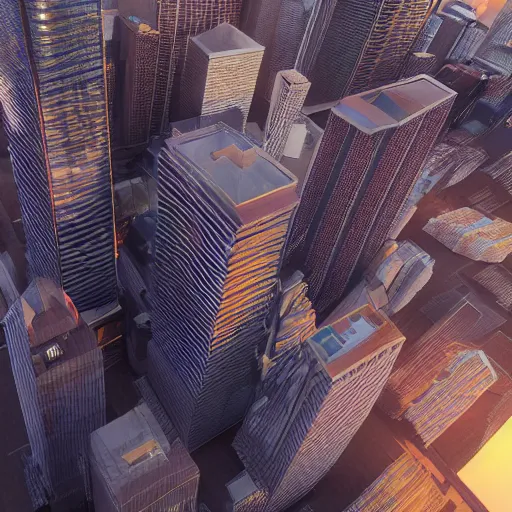 Prompt: skyscrapers, dramatic sunset lighting, rainy clouds, artstation, 3 d render, hyperdetailed, aerial view, 8 0 0 mm lens