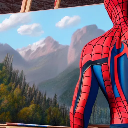 Prompt: a closeup photorealistic photograph of spider - man working on a canvas painting. film still. brightly lit scene. mountains and trees. this 4 k hd image is trending on artstation, featured on behance, well - rendered, extra crisp, features intricate detail, epic composition and the style of unreal engine