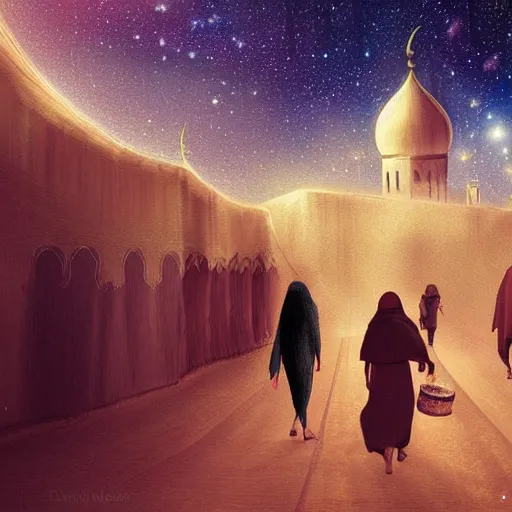 Prompt: bedouin walking towards mosque, nebula galaxy, artstation, digital art