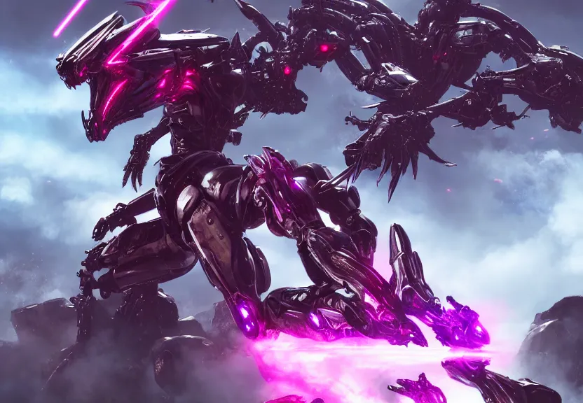 Image similar to epic cinematic shot of stunning beautiful hot anthropomorphic mecha female dragon fighting in the apocalypse with laser rifle, has silver armor and fuchsia skin, apocalypse, warframe fanart, terminator art, epic scale, furaffinity, deviantart, octane