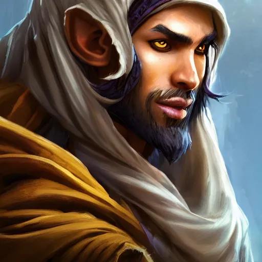 Image similar to portrait of young wild arabian nomad half werewolf, with yellow cloths, league of legends splash art, castlevania, hearthstone splash art, full body shot, rule of thirds, ultrafine hyperrealistic detailed face, artgerm, greg rutkowski, trending on artstation, 8 k, intricately detailed, highly detailed