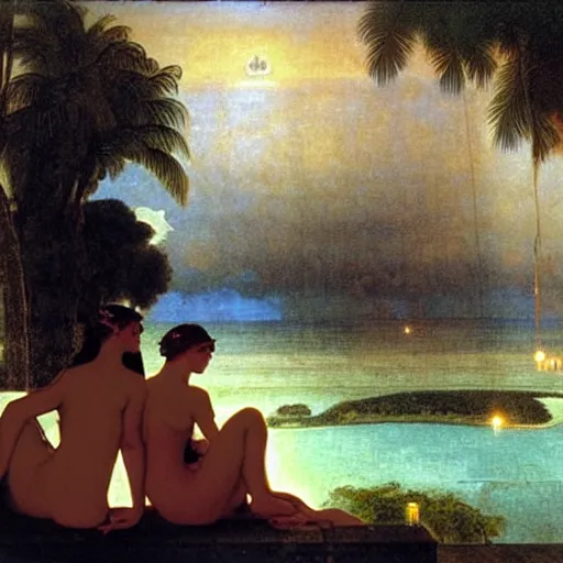 Prompt: Silhouette of two girl at the palace, thunderstorm, greek pool, beach and palm trees on the background major arcana sky, by paul delaroche, alphonse mucha and arnold böcklin arnold böcklin hyperrealistic 8k, very detailed