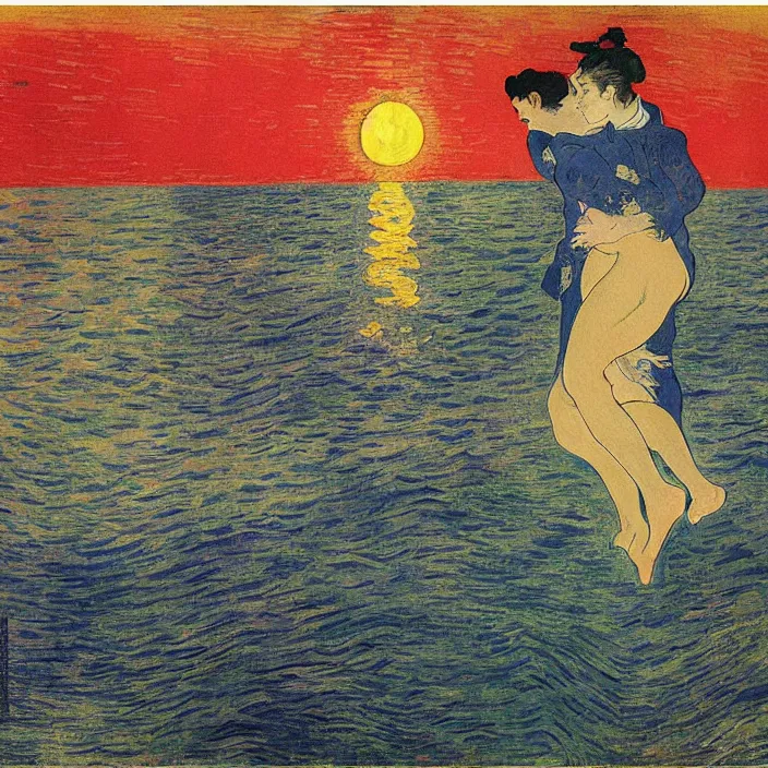Prompt: close view of woman and man kissing. tsunami great wave, sun setting through the storm clouds. iridescent, vivid psychedelic colors. painting by henri de toulouse - lautrec, utamaro, monet, gauguin
