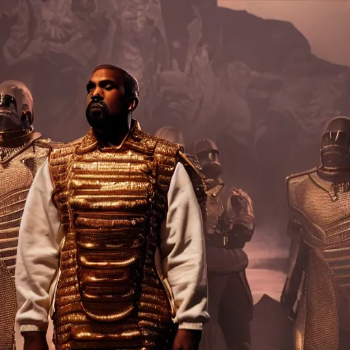 Image similar to Kanye West as Emperor Napoleon in Fallout New Vegas, splash art, movie still, cinematic lighting, dramatic, octane render, long lens, shallow depth of field, bokeh, anamorphic lens flare, 8k, hyper detailed, 35mm film grain