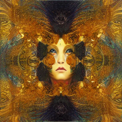 Prompt: Divine Chaos Engine by Karol Bak, Jean Deville, Gustav Klimt, Amanda Sage, and Vincent Van Gogh, fractal structures