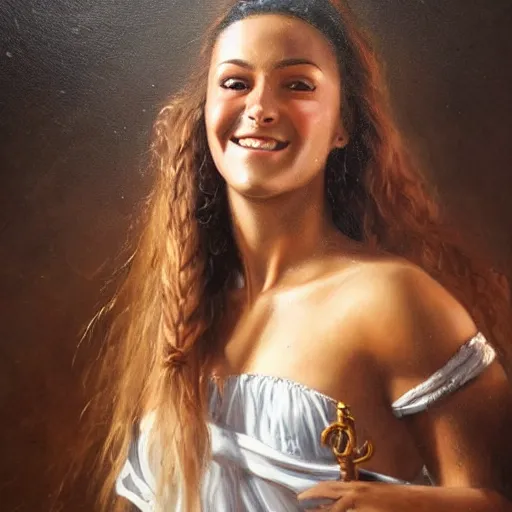 Image similar to oil painting, smiling, happy, beautiful, intelligent, latin, tanned, female pirate captain 2 8 years old, flowing long hair, fully clothed, wise, beautiful, masterful 1 8 0 0 s oil painting, dramatic lighting, sharp focus