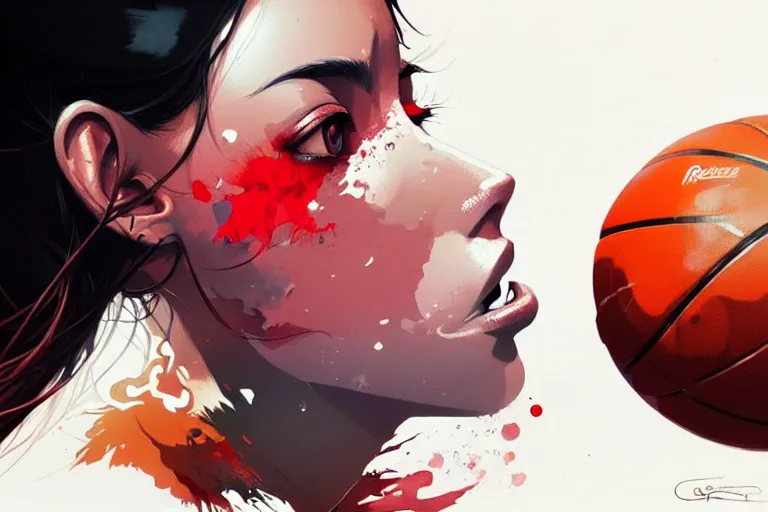 Image similar to a ultradetailed beautiful panting of a woman dribbling a basketball, by conrad roset, greg rutkowski and makoto shinkai, trending on artstation