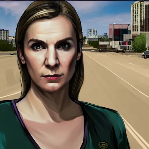 Image similar to Kim Wexler from Better Call Saul as a GTA character portrait, Grand Theft Auto, GTA cover art