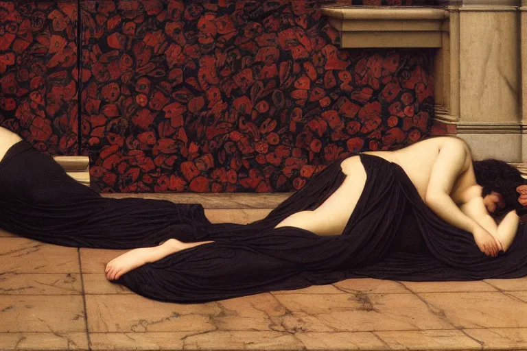 Prompt: john william godward, sir lawrence almda tadema, herbert james draper. woman in mourning on the floor at temple.. oil on canvas. trending on artstation 1 8 9 9.