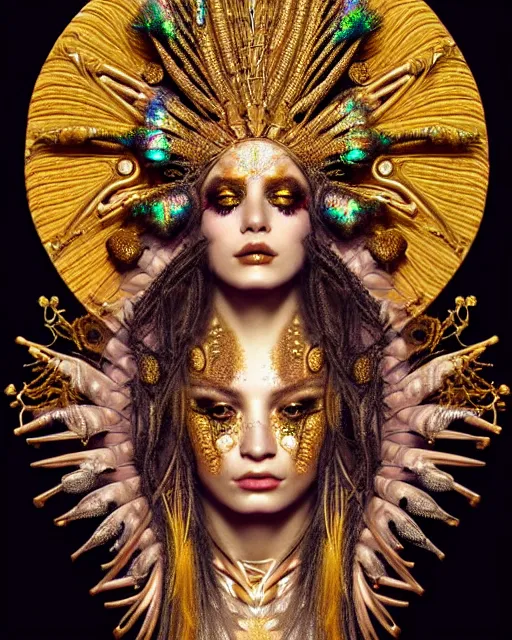 Image similar to hyperrealistic detailed portrait of a beautiful goddess in an iridescent - gold ornamental ritual headdress, intricate cyberpunk make - up, golden face tattoos, insane details, art by ernst haeckel, nekro borja, john william godward, gothic - cyberpunk, beautiful deep colours,