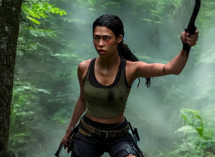 Image similar to film still of!!!! amber midthunder!!! as lara croft in new tomb raider movie, 8 k