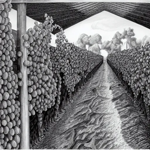 Image similar to Hyperrealism traditional austian vineyard work, painting by MC Escher