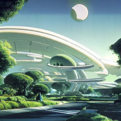 Image similar to beautiful matte painting of green gardens with roads on a futuristic sci-fi space station, cinematic angle, cinematic lighting, blue sky, by Syd Mead, John Harris, Federico Pelat