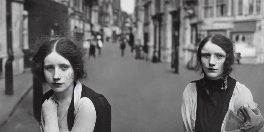 Image similar to a young red haired woman with freckles looks deeply into the camera, 1920's london street, 100, 50mm, art nouveau, f4.0, style of Joel Meyerowitz