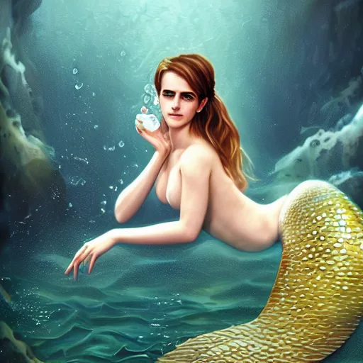 Image similar to a epic mark brooks painting of emma watson as a mermaid under water, 8 k, ultra detailed, lighting, water bubbles, sparkling, beautiful scaly mermaid tale, illustration, trending on art station, digial art by lois van baarle