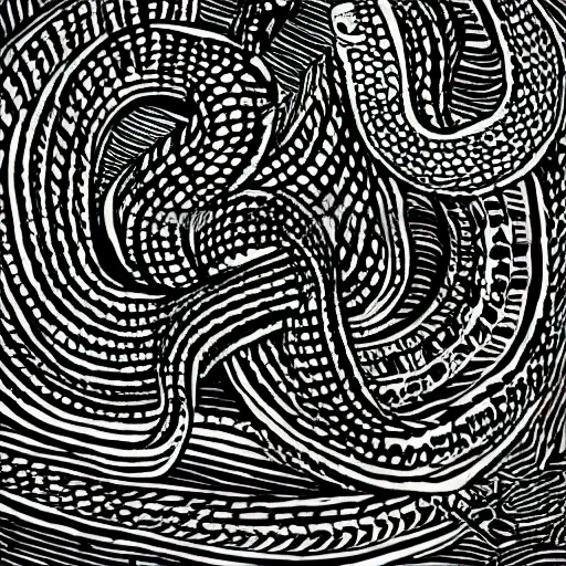 Prompt: block print, snake, detailed 4k illustration, black ink on white paper