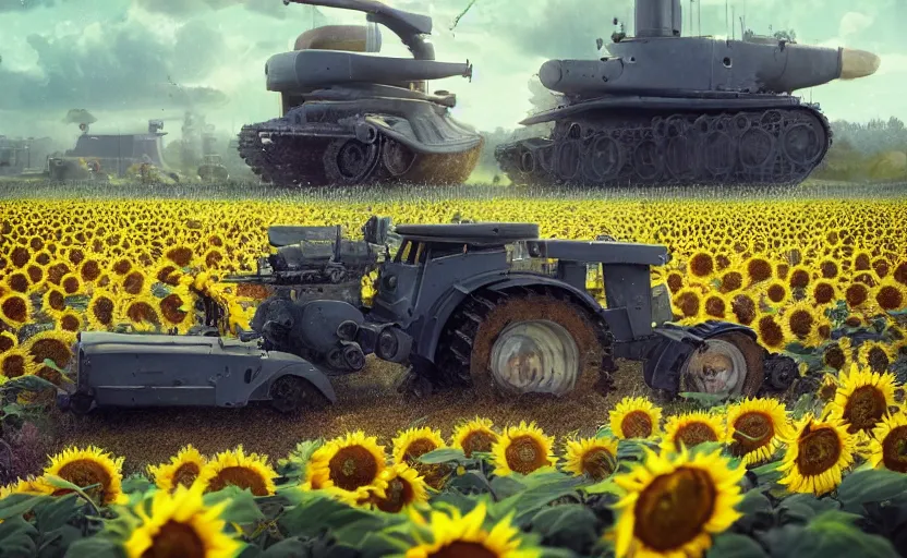 Prompt: cute tractor on sunflower field towing a russian t 6 2 tank cyberpunk art by mike winkelmann, trending on cgsociety, retrofuturism, reimagined by industrial light and magic, darksynth, sci - fi