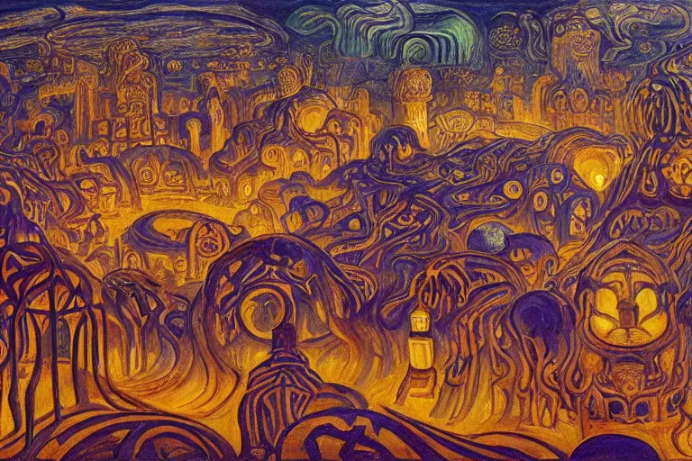 Prompt: lovecraftian antikythera city, ancient babylonian, sumerian dream festival, japanese lantern festival, oil painting by edvard munch, mc escher, stanislaw beksinski, makoto shinkai, jim woodring, aldemir martins, nicholas roerich, van gogh