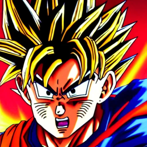 Image similar to ultra realistic portrait painting of goku becoming a super saiyan in the night, art by akira toriyama, 4 k, dragon ball artstyle, cel shaded, highly detailed, epic lighting