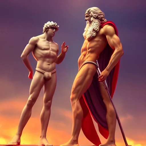 Image similar to an awkward meeting between Zeus and Kronos to decide who's really in charge, ancient mythological fantasy, artstation, sharp focus, heavenly, 8k resolution, hyperrealism, humorous