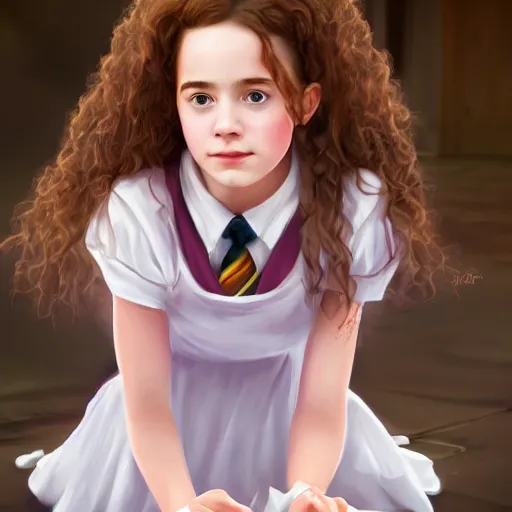 Image similar to Hermione Granger as a young girl in house maid clothes art drawn in art style of WLOP full HD 4K highest quality realistic beautiful gorgeous natural WLOP artist painting