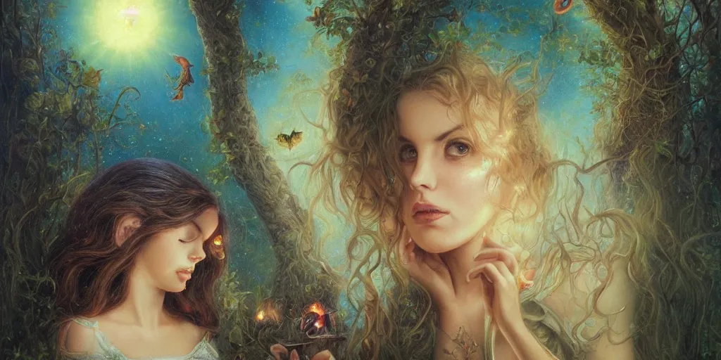 Image similar to big-eyed Lana Del Rey staring into the camera, sundown misty firefly wisps, Lilia Alvarado, Sophie Anderson, Mark Arian, Bob Byerley, Charlie Bowater, Mark Brooks, Steve Henderson, Justin Gerard, Arthur Hughes, Edward Robert Hughes, Mark Keathley, Victor Nizovtsev, Carlos Shwabe, Ross Tran, WLOP