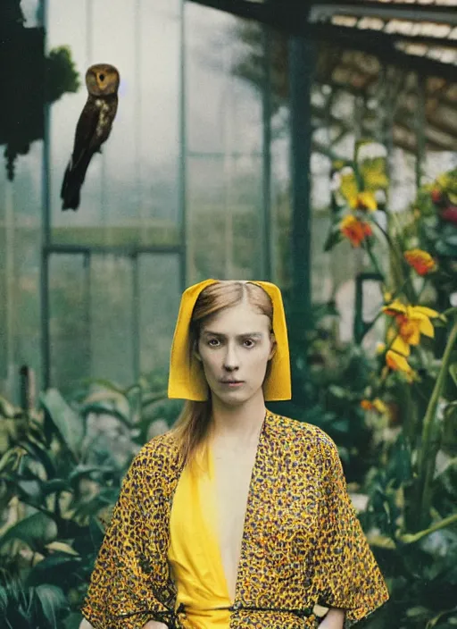 Image similar to grainy head to shoulder portrait Polaroid film photograph of an elegant top model wearing a yellow kimono with a very detailed barn owl on her shoulder!!! in a tropical greenhouse. looking at the camera!!. super resolution. Polaroid 600 film. art by Alessio albi and Annie Leibovitz and Rineke Dijkstra.