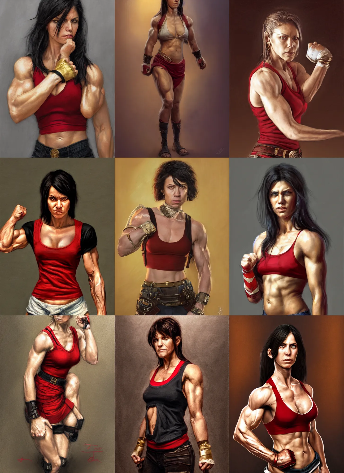 Image similar to a portrait a woman in her 2 0 s, muscular, wearing red tanktop vest with gold lining, white bandages on fists, black hair, short - medium length hair, serious, style by donato giancola, wayne reynolds, jeff easley dramatic light, high detail, cinematic lighting, artstation, dungeons and dragons