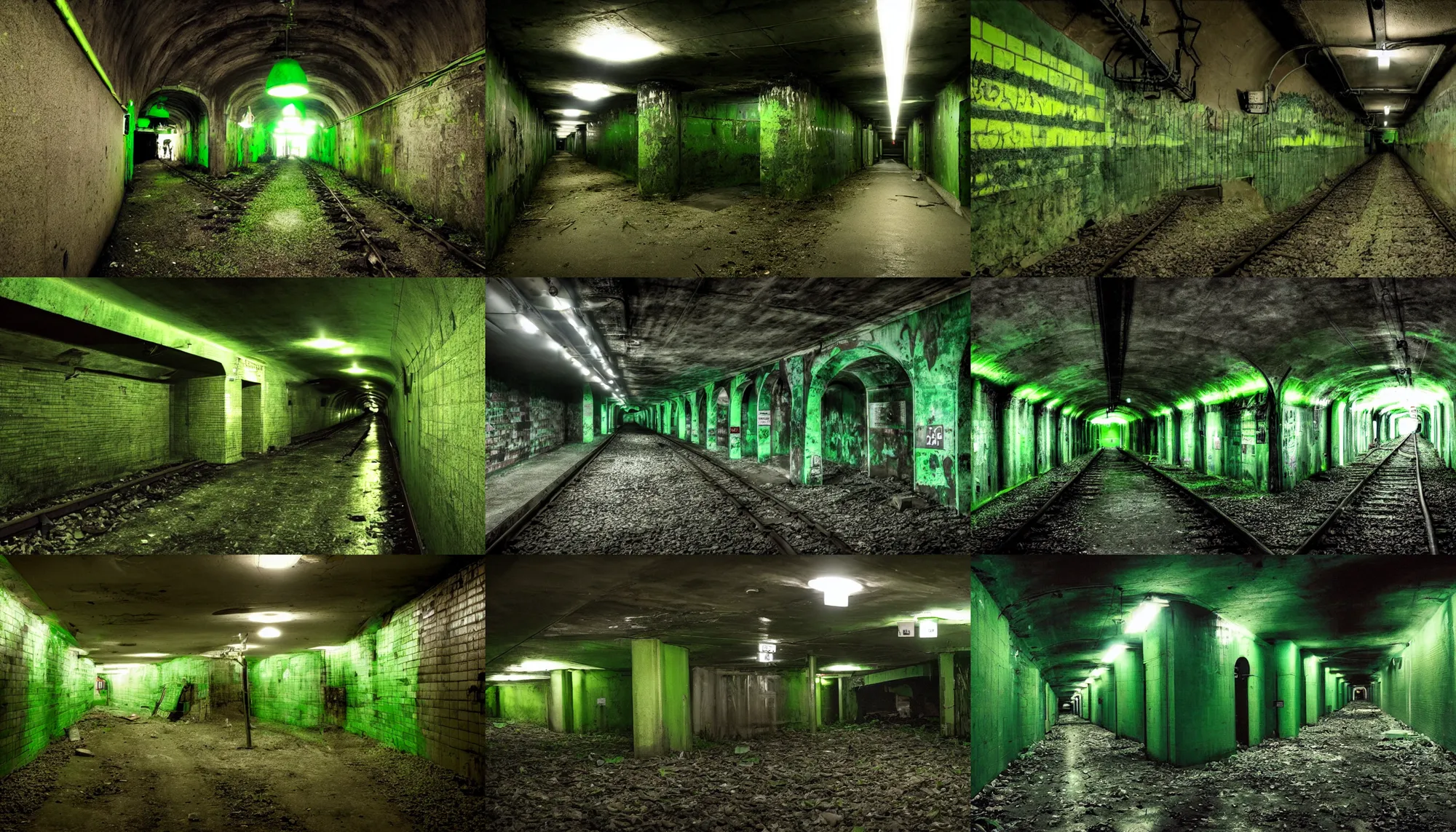 Prompt: dark subway tunnel, creepy, abandoned, radioactive green mushrooms