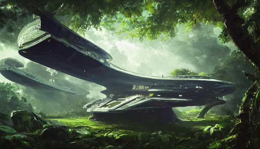 Image similar to a beautiful painting of a crashed starship enterprise in a lush jungle, ray traced lighting by kalin popov and greg rutkowski