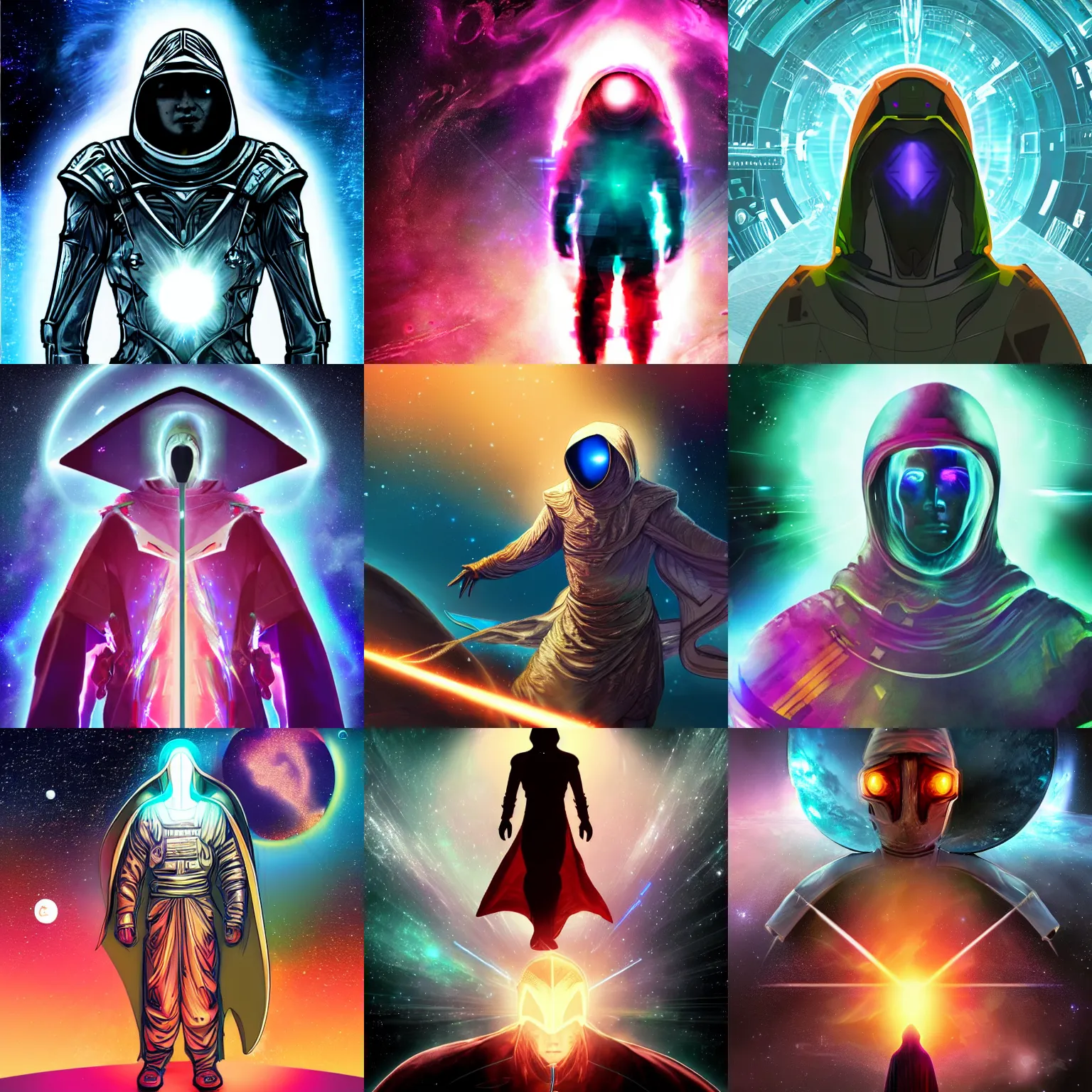 Prompt: Epic space scene featuring the warrior hooded entity of iridescent future technology